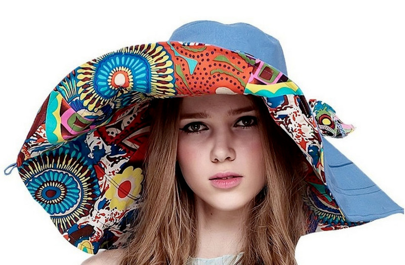 Divatos női virágos összecsukható karimájú UV védelemmel ellátott nyári strandsapkák