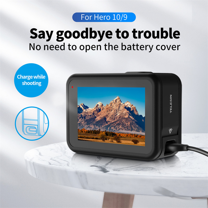 TELESIN za GoPro Hero 11 10 9 Crna akcijska kamera Zamjenjivi poklopac baterije s Type-C priključkom za punjenje Bočni poklopac koji se lako uklanja