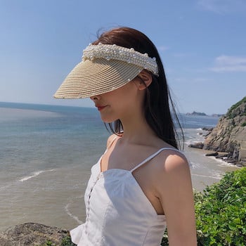 Imitation Pearl Empty Top Ψάθινα Καπέλα για Γυναικεία Casual Summer Beach Visor Caps Φαρδύ μεγάλο γείσο αντηλιακό καπέλο εξωτερικού χώρου