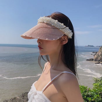 Imitation Pearl Empty Top Ψάθινα Καπέλα για Γυναικεία Casual Summer Beach Visor Caps Φαρδύ μεγάλο γείσο αντηλιακό καπέλο εξωτερικού χώρου