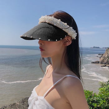 Imitation Pearl Empty Top Ψάθινα Καπέλα για Γυναικεία Casual Summer Beach Visor Caps Φαρδύ μεγάλο γείσο αντηλιακό καπέλο εξωτερικού χώρου