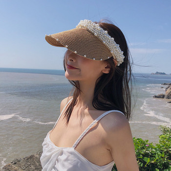 Imitation Pearl Empty Top Ψάθινα Καπέλα για Γυναικεία Casual Summer Beach Visor Caps Φαρδύ μεγάλο γείσο αντηλιακό καπέλο εξωτερικού χώρου