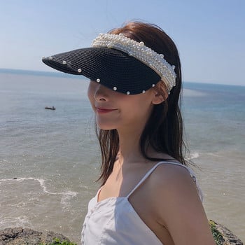 Imitation Pearl Empty Top Ψάθινα Καπέλα για Γυναικεία Casual Summer Beach Visor Caps Φαρδύ μεγάλο γείσο αντηλιακό καπέλο εξωτερικού χώρου