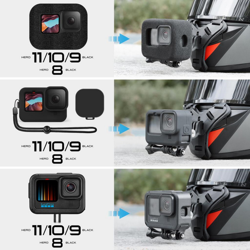 Vamson for Gopro Hero 11 10 9 8 Šalmo laikiklis ant galvos, skirtas Insta360 One X3 su vėjui atspariu putplasčiu motociklo priedais