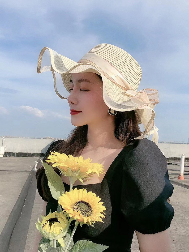 Ljeto 2023. Slamnati šešir s bisernim obodom za žene Djevojke Kapa za plažu s čipkastim mrežastim obodom Šešir za sunčanje na otvorenom Ležerna panama kapa