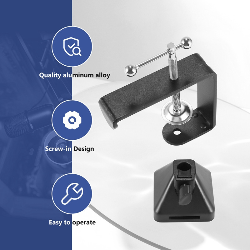 Tvirtas ant stalo tvirtinimo spaustukas, C tvirtinimo spaustuko laikiklis su ausinių kabliu, skirta mikrofono pakabos strėlės svirties stovui
