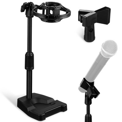 Asztali mikrofonállvány súlyozott talppal, állítható mikrofontartóval, fix mikrofonkapoccsal és ütközőtartó tartóval