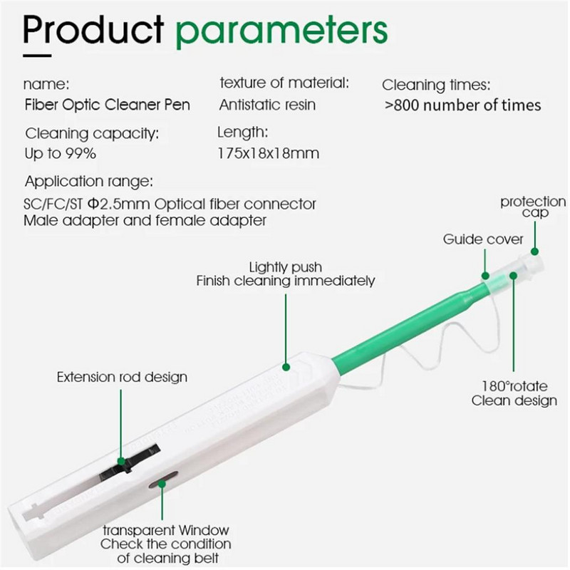 Száloptikai tisztító toll 2,5 mm-es Lc Mu-hoz / 1,25 mm-es Sc Fc St csatlakozóhoz Optikai intelligens tisztítóeszköz