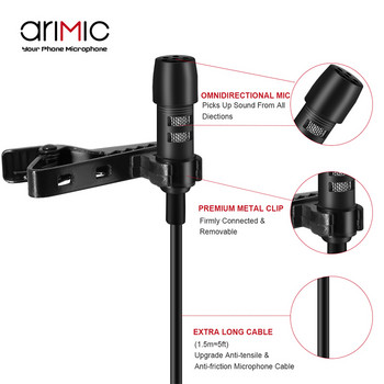 Ulanzi Arimic 1,5M/6M Clip-on Lavalier Lapel Microphone Condenser Καλώδιο προσαρμογέα μικροφώνου TRRS για iPhone Android Smartphone/iPad/DSLR