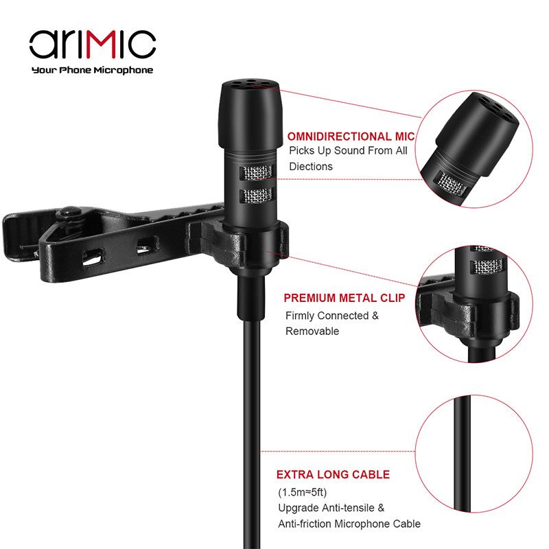 Ulanzi Arimic 1.5M/6M prisegamas Lavalier atlapo mikrofono kondensatoriaus mikrofono TRRS adapterio laidas, skirtas iPhone Android išmaniajam telefonui/iPad/DSLR