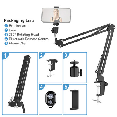 Mobiliojo telefono laikiklis Lankstus žąsies kaklo tipo stovas 360° besisukantis ilgos rankos stalo laikiklis Mobilus gnybtas, skirtas žiediniam apšvietimui, mikrofonui, filmuoti