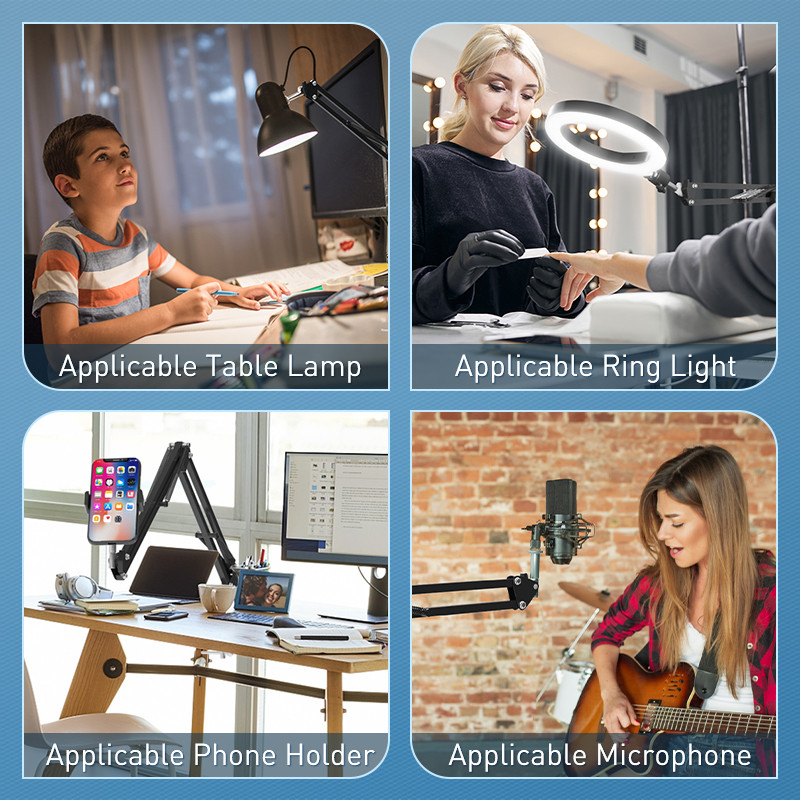 Mobiliojo telefono laikiklis Lankstus žąsies kaklo tipo stovas 360° besisukantis ilgos rankos stalo laikiklis Mobilus gnybtas, skirtas žiediniam apšvietimui, mikrofonui, filmuoti