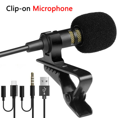1.5m USB Mini Lavalier Microphone Type C Metal Clip Lapel Mic 3.5mm Condenser Microphone For PC laptop SmartPhone Conference Mic