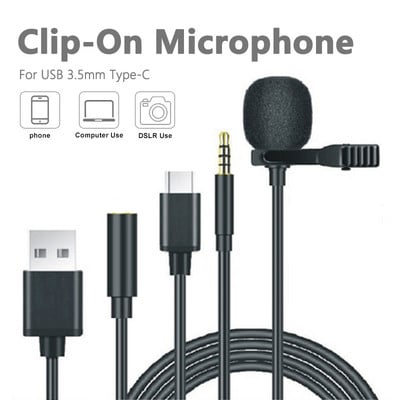 USB мини микрофон за компютърни лаптопи Тип C Микрофон с щипка за ревер за смарт телефон 3,5 мм професионален микро микрофон за DSLR камера