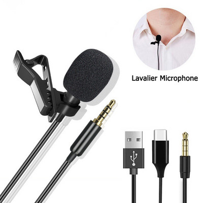 Portable 3.5mm Lavalier Clip-on Microphone USB Condenser Mic 1.5m Wired External Type C jack Mini Microphone For Phone PC Laptop