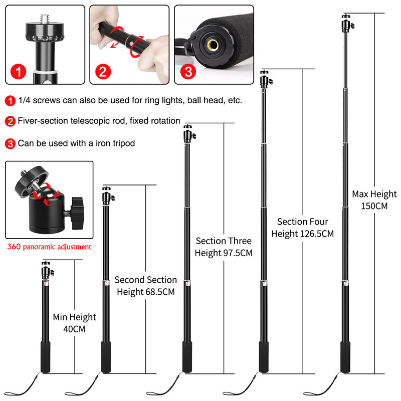 Trepied pentru selfie pentru telefon portabil de 158 cm, cu cap șurub 1/4, trepied pentru selfie flexibil, cu telecomandă Bluetooth și suport pentru telefon