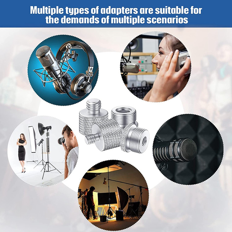 8 vnt mikrofono stovo sriegio adapterio rinkinys, 5/8 lizdo iki 3/8 kištuko ir 3/8 lizdo iki 5/8 vyriško varžto adapterio sriegio sidabro spalvos