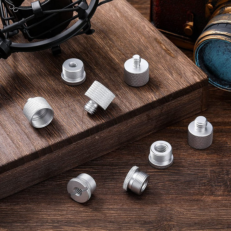 8 vnt mikrofono stovo sriegio adapterio rinkinys, 5/8 lizdo iki 3/8 kištuko ir 3/8 lizdo iki 5/8 vyriško varžto adapterio sriegio sidabro spalvos