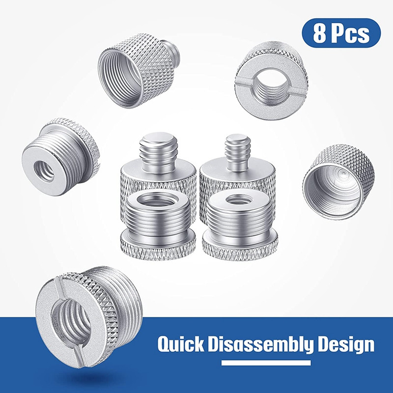 8 vnt mikrofono stovo sriegio adapterio rinkinys, 5/8 lizdo iki 3/8 kištuko ir 3/8 lizdo iki 5/8 vyriško varžto adapterio sriegio sidabro spalvos