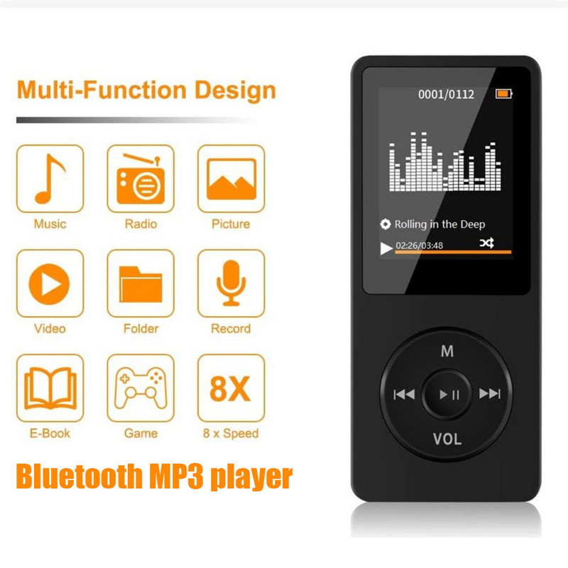 Mini MP3 grotuvas su „Bluetooth“ suderinamas garsiakalbis 1,8 colio Mp4 Fm radijas Itin plonas studentų „HiFi“ muzikos grotuvas Įrašymas el. knyga Sportas