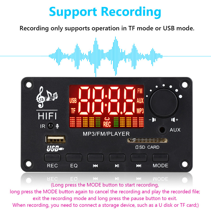 2x50W 100W stiprintuvas Bluetooth 5.0 MP3 grotuvas WAV dekoderio lenta 12V automobilio FM radijo modulio palaikymas TF USB AUX laisvų rankų įrangos skambučių įrašas