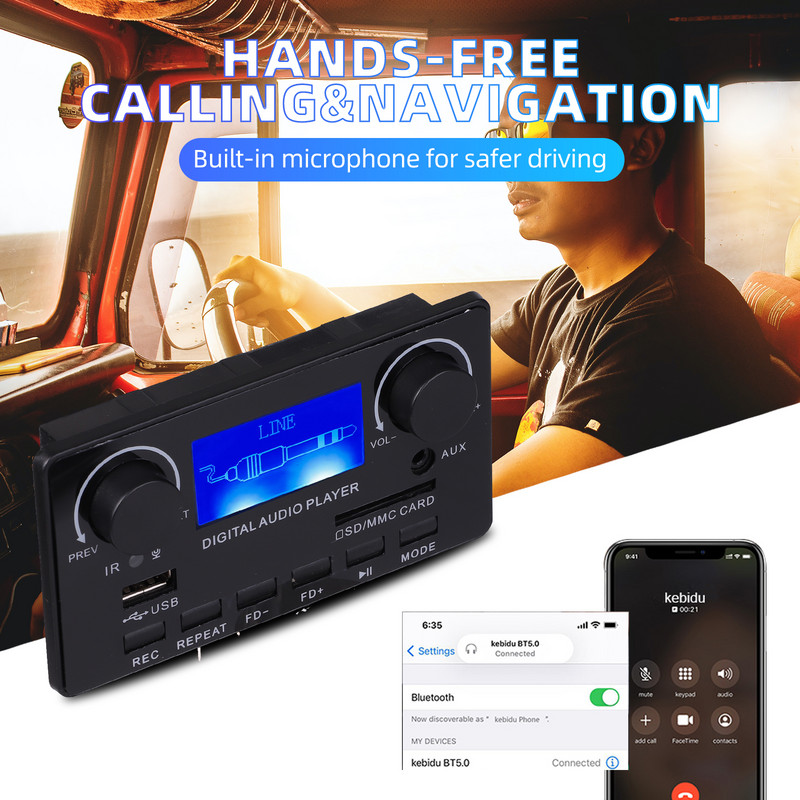 Bluetooth 5.0 MP3 dekoderio plokštės palaikymas laisvų rankų įranga Įrašymas FM DC 12V MP3 WMA WAV APE FLAC garso grotuvas LCD Dainų ekranas