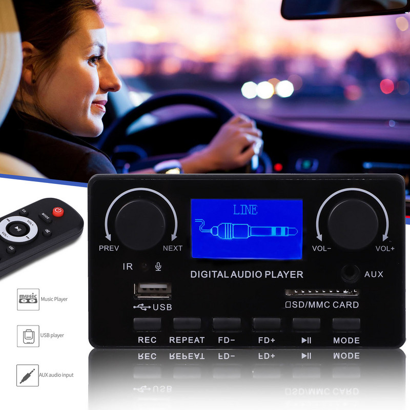 Bluetooth 5.0 MP3 dekoderio plokštės palaikymas laisvų rankų įranga Įrašymas FM DC 12V MP3 WMA WAV APE FLAC garso grotuvas LCD Dainų ekranas