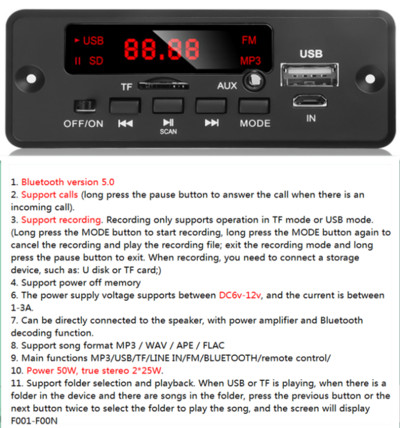 2*25W pojačalo 12V MP3 player dekoder ploča 5V-18V Bluetooth 5.0 auto FM radio modul podrška TF USB AUX 3.5 WMA player dekoder