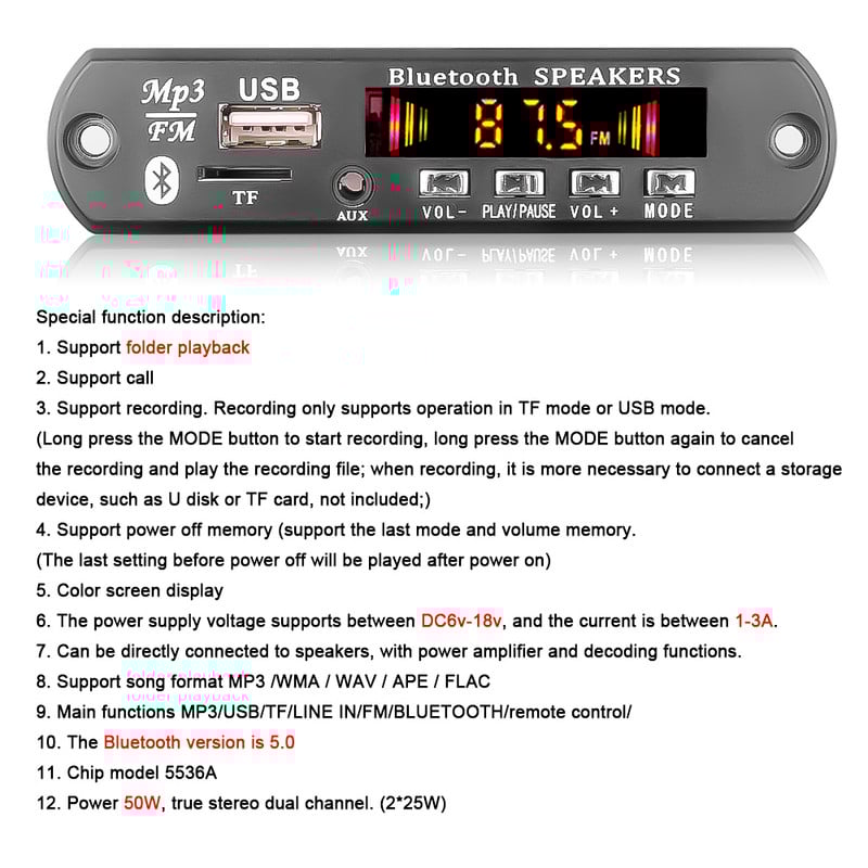 2*25W pojačalo 12V MP3 player dekoder ploča 5V-18V Bluetooth 5.0 auto FM radio modul podrška TF USB AUX 3.5 WMA player dekoder