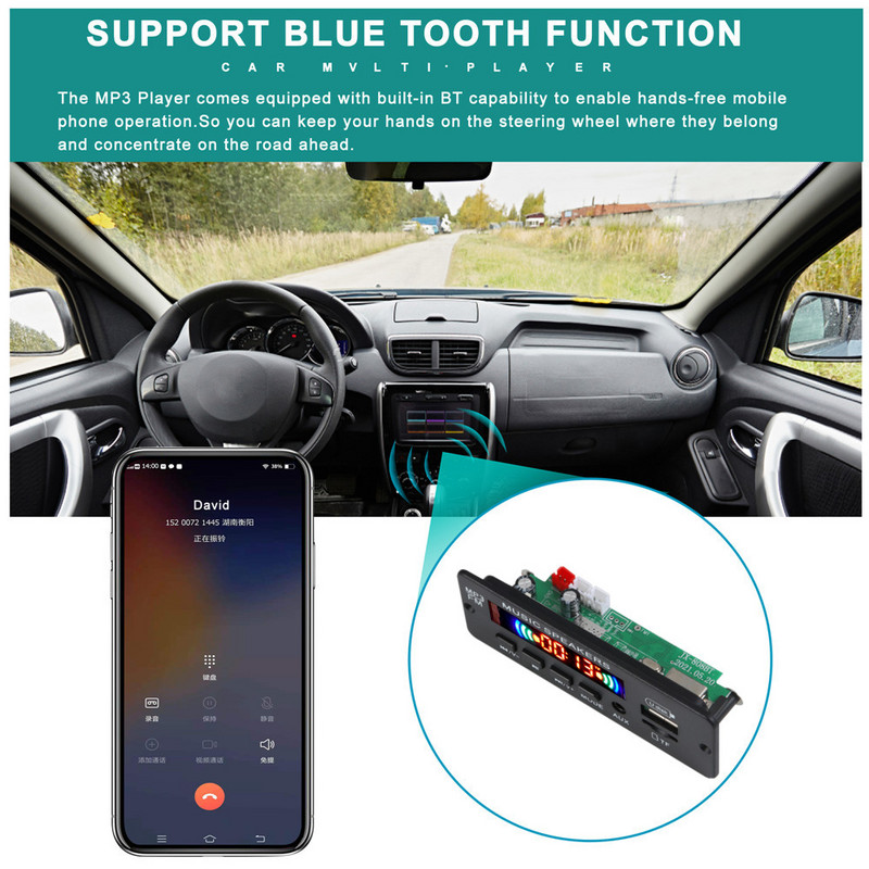 12V autós USB MP3 lejátszó Bluetooth 5.0 MP3 dekóder dekódoló tábla modul WMA WAV TF kártyahely / USB / FM távirányító modul