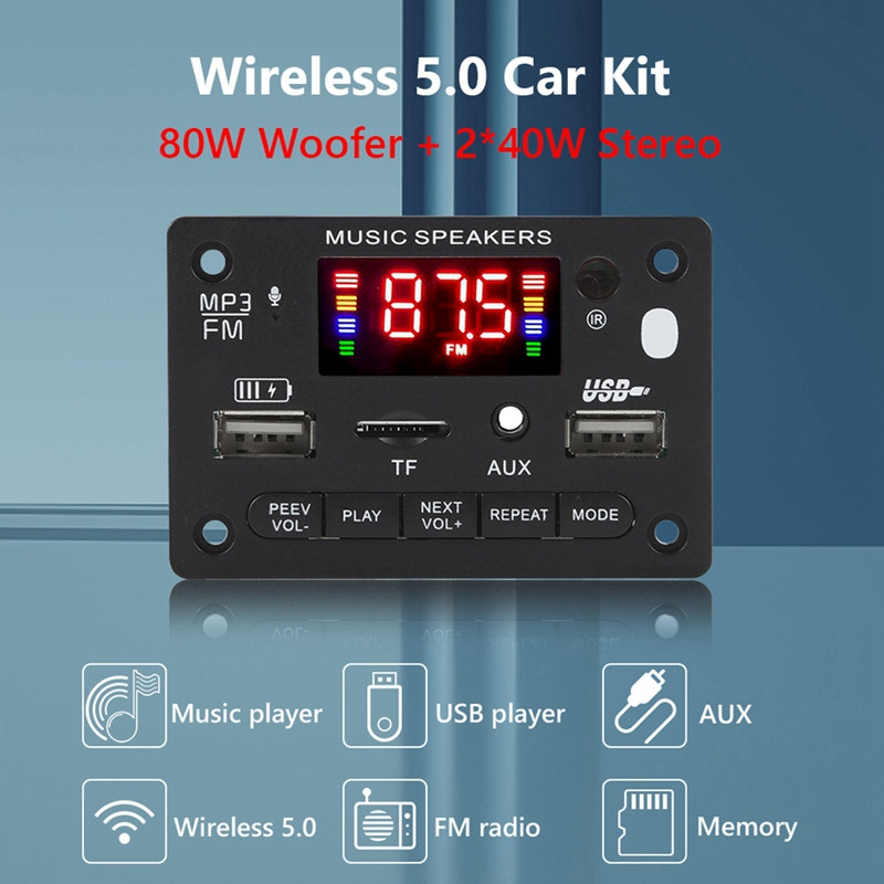 12V Bluetooth 5.0 MP3 Player ploča dekodera 2X40W auto pojačalo FM radio modul podrška TF USB AUX Handsfree zapis poziva
