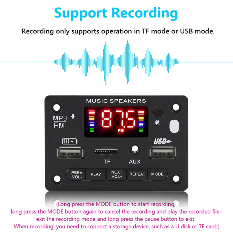 12V Bluetooth 5.0 MP3 Player ploča dekodera 2X40W auto pojačalo FM radio modul podrška TF USB AUX Handsfree zapis poziva