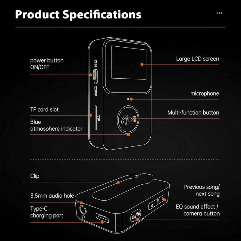 2022 Bluetooth 5.0 audio vevő adapter Bluetooth MP3 lejátszó képernyővel Támogatja a TF Card Bluetooth adaptert