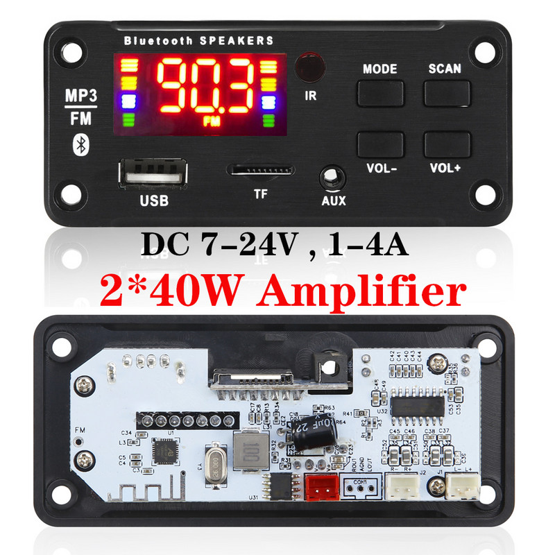 DC 7-24V 80W võimendi MP3 dekoodri tahvel helitugevuse reguleerimine Bluetooth 5.0 2*40W MP3 WMA WAV mängija USB moodul FM AUX raadio salvestamine