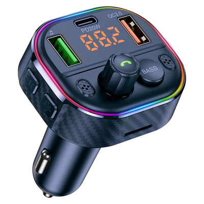 Автомобилен Bluetooth 5.1 FM трансмитер, Bluetooth адаптер за кола със свободни ръце Siri Assistant, цветен волтметър с подсветка