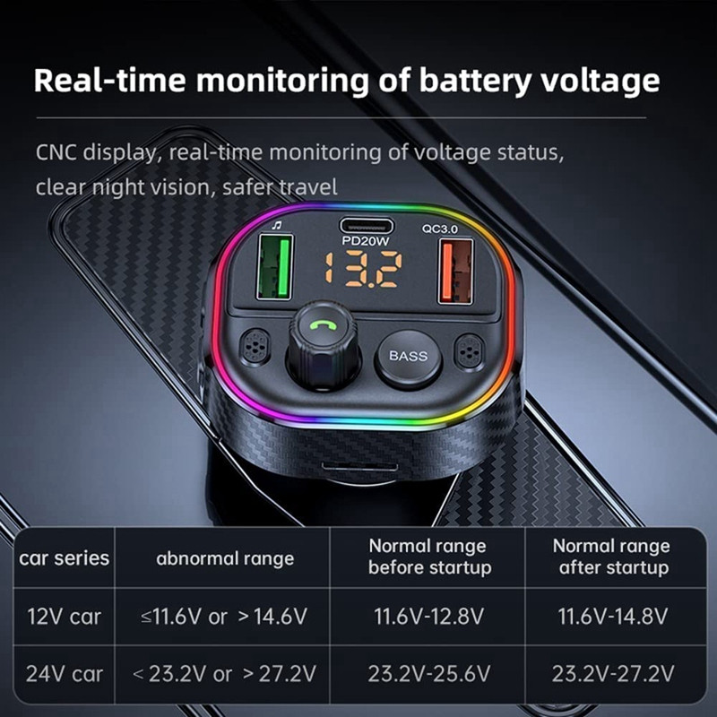 Automobilski Bluetooth 5.1 FM odašiljač, Bluetooth adapter za automobil sa Handsfree pozivom Siri Assistant, šareni voltmetar s pozadinskim osvjetljenjem