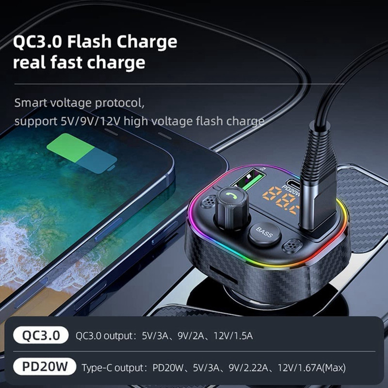 Automobilski Bluetooth 5.1 FM odašiljač, Bluetooth adapter za automobil sa Handsfree pozivom Siri Assistant, šareni voltmetar s pozadinskim osvjetljenjem