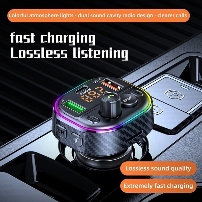 Automobilski Bluetooth 5.1 FM odašiljač, Bluetooth adapter za automobil sa Handsfree pozivom Siri Assistant, šareni voltmetar s pozadinskim osvjetljenjem