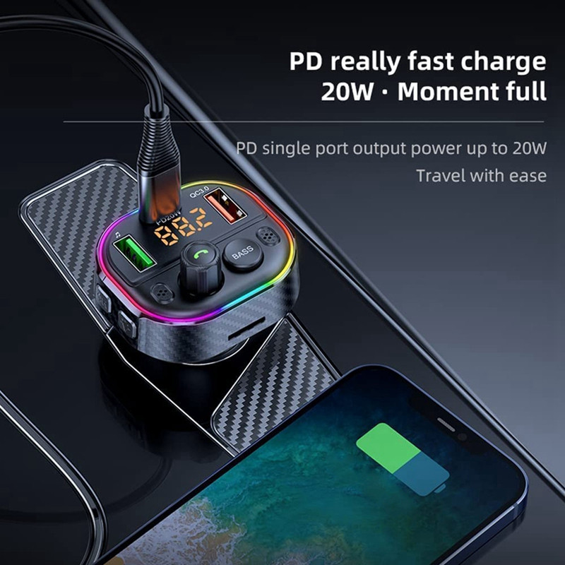 Automobilski Bluetooth 5.1 FM odašiljač, Bluetooth adapter za automobil sa Handsfree pozivom Siri Assistant, šareni voltmetar s pozadinskim osvjetljenjem