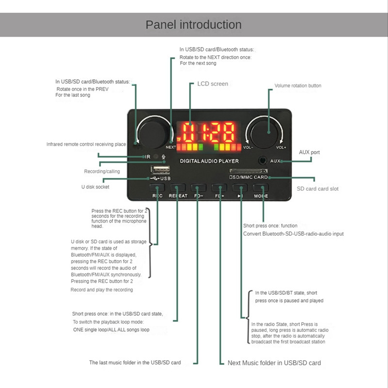 MP3 WMA dekóder tábla Vezeték nélküli Bluetooth 5.0 7V-25V dekóder autós MP3 lejátszó USB felvevő modul FM AUX rádió hangszóróhoz