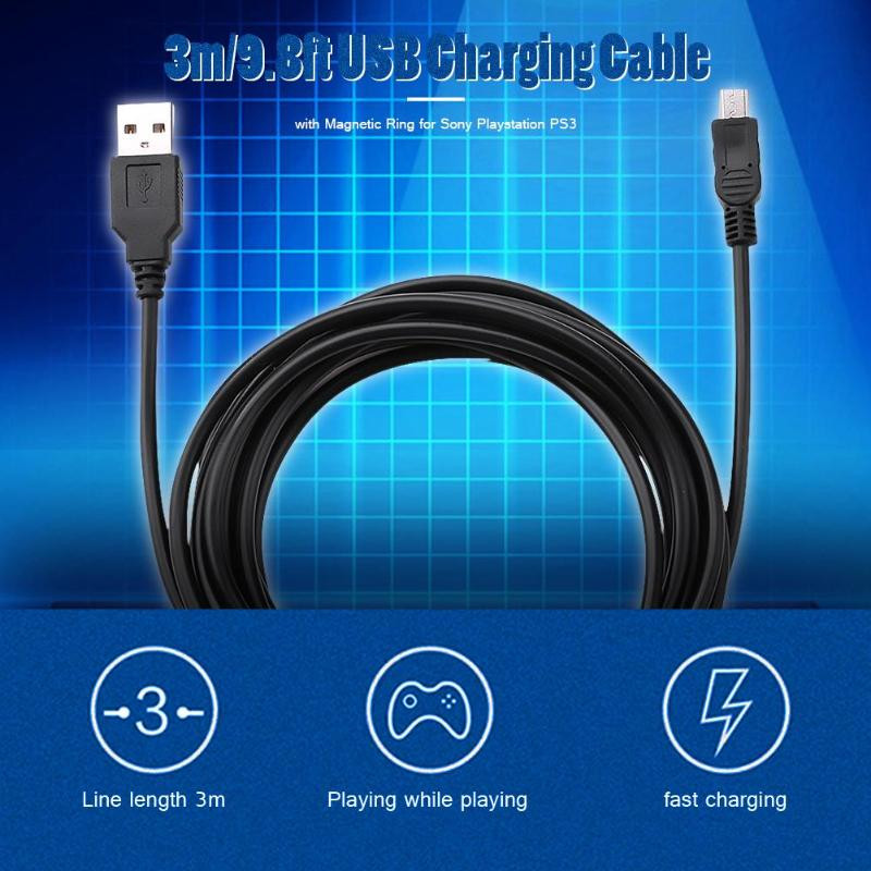 USB kabel za punjenje od 3 m, žica s magnetskim prstenom, USB stabilna sigurnost, praktična i izdržljiva za Sony PS3 bežični upravljač