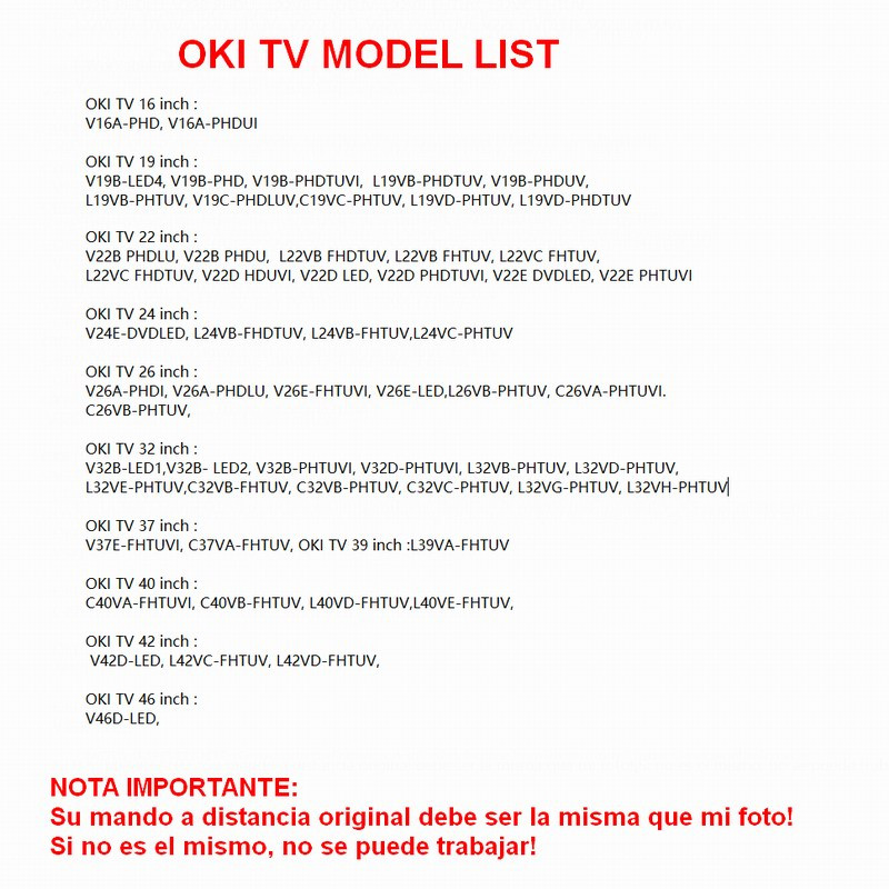 RC1900 Daljinski upravljač za OKI TV 16, 19, 22, 24, 26, 32 inča, 37,40,46", V19, L19, C19, V22, L22, V24, L24, V26, L26, C26, V32, L32, C32 V37