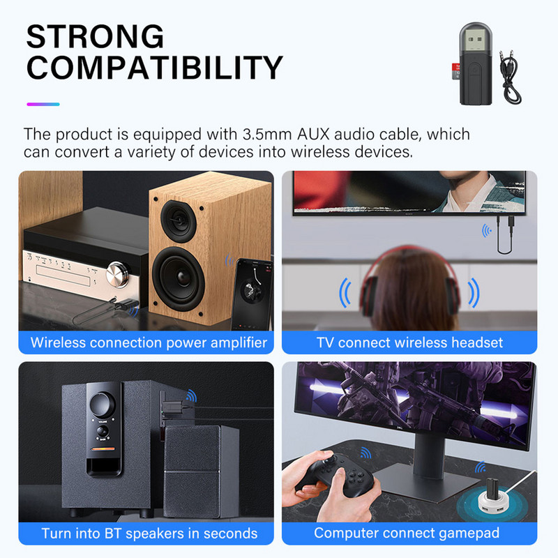 Bezvadu audio USB uztvērējs Ātrgaitas Bluetooth 5.0 adapteris Dongle raidītājs mūzikas uztvērējs datora klēpjdatoram