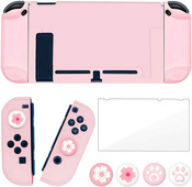 Ružičasta zaštitna maska koja se može priključiti za Nintendo Switch Joy-Con kontrolere Staklena zaštita za zaslon i 4 ručke za palac