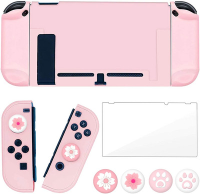 Ružičasta zaštitna maska koja se može priključiti za Nintendo Switch Joy-Con kontrolere Staklena zaštita za zaslon i 4 ručke za palac