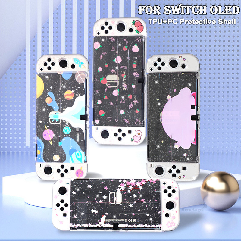Sakura Glitter Crystal védőtok Nintend Switch OLED JoyCons Shell TPU-hoz + PC-takaró dokkoló tok Switch OLED konzolhoz