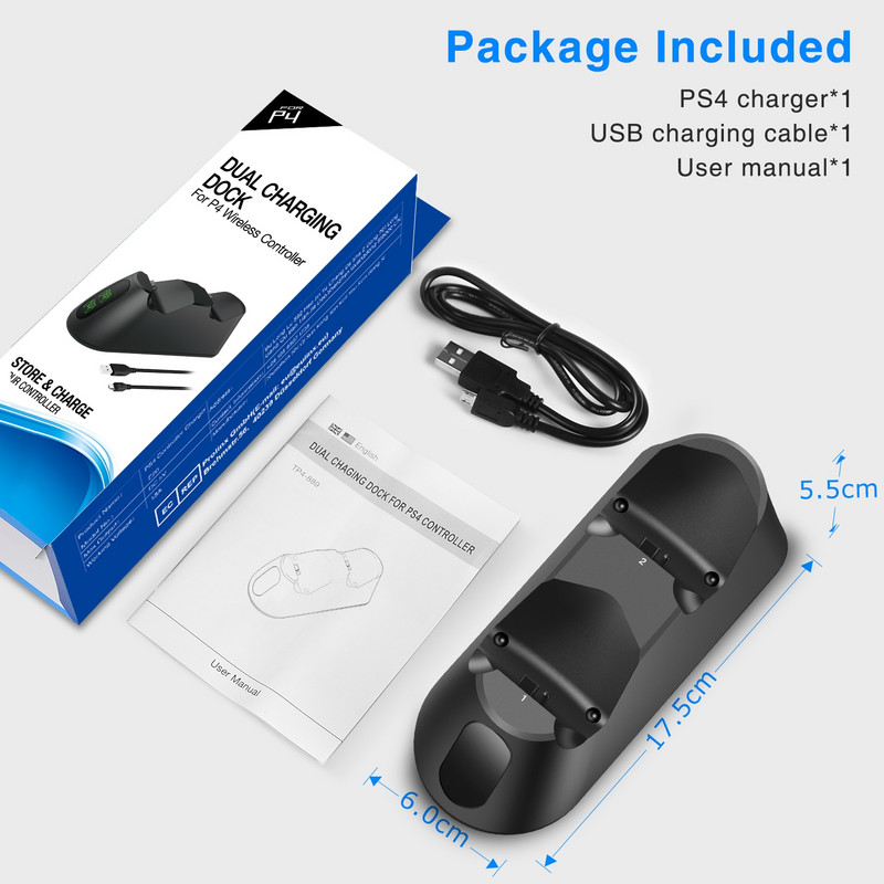 Dvigubo įkroviklio dokas, skirtas PS4 valdikliui USB greito įkrovimo doko žaidimų valdiklio stotis, skirta Playstation 4 / PS4 Pro / PS4 žaidimų konsolei