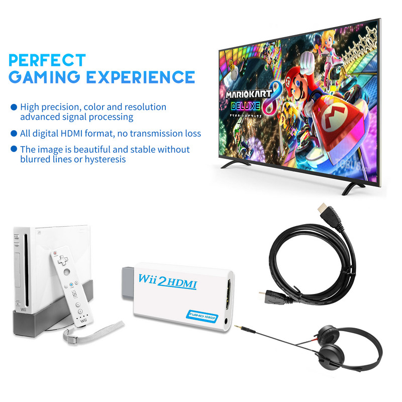 Wii-HDMI-muundur, 1080P Full HD-seade 3,5 mm helipistiku ja HDMI-väljundiga Nintendo Wii, Wii U, HDTV, monitori jaoks