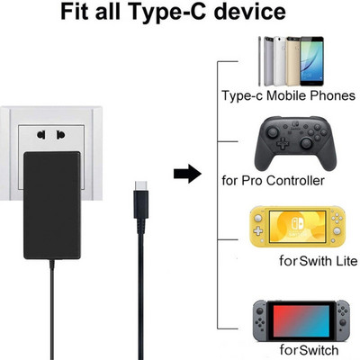 15 V-os 2,6 A váltóáramú adapter csere az NS Switch játékkonzolhoz, fali töltőhöz 5 láb C típusú kábellel (TV módok támogatása)