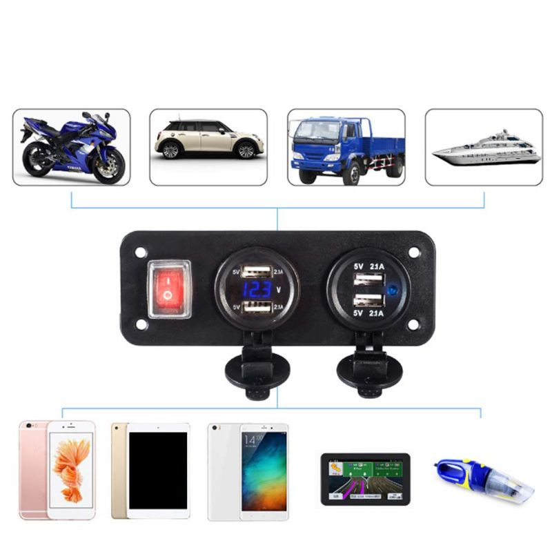 4 Adaptor de alimentare USB 12V/24V Priză de alimentare pentru încărcare cu comutator voltmetru LED Pa